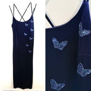 Vintage Y2K Blue Velvet Sequin Beaded Butterfly Strappy Maxi Dress 10